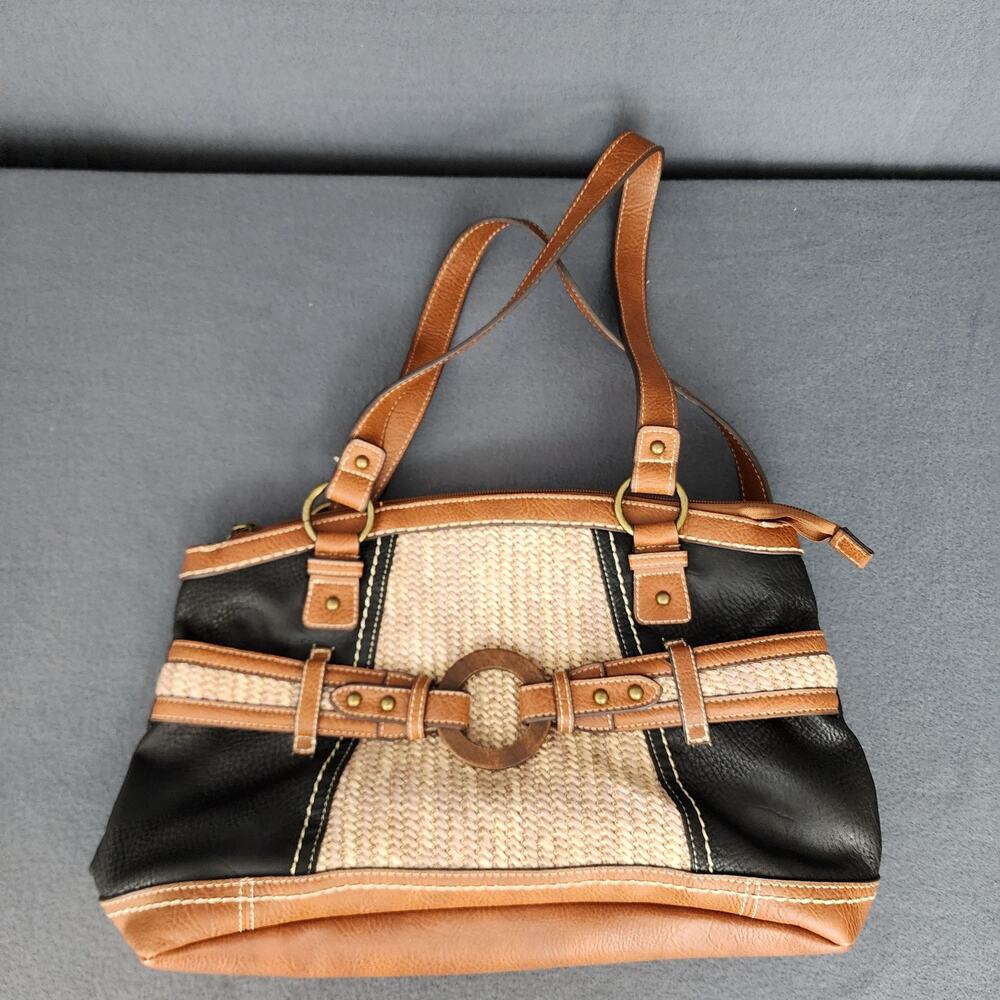 Bolo Straw Purse Vinyl Trim Handbag Multi Pocket Black Tan
